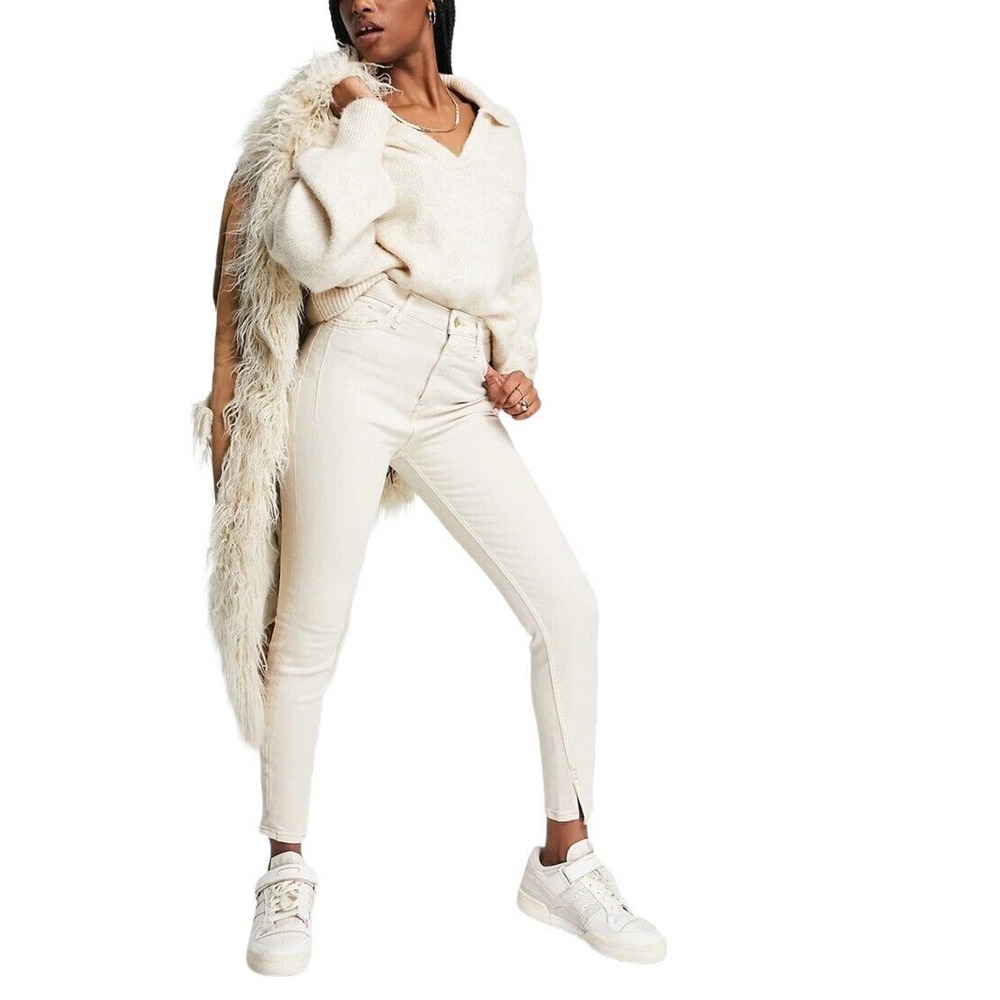 River Island New High Rise Skinny Cream Cuff Split Jeans 8R